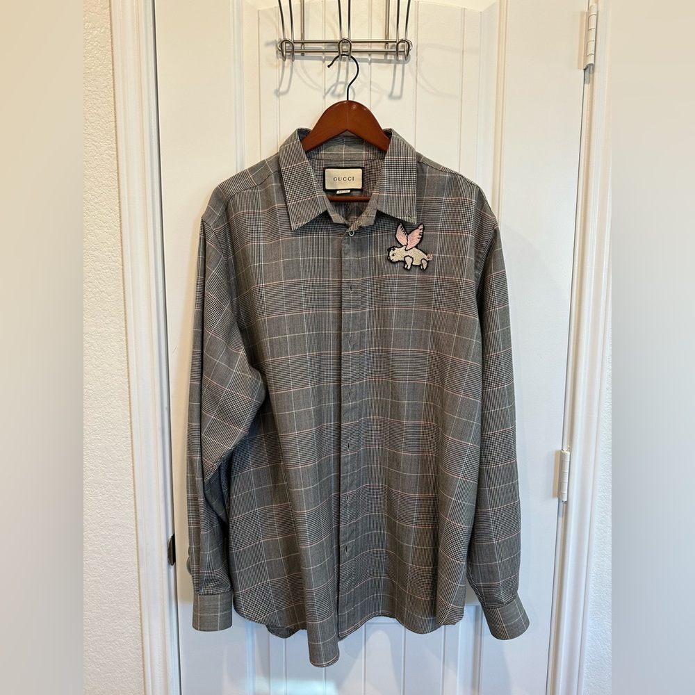 GUCCI Grey Plaid Flying Pig Shirt